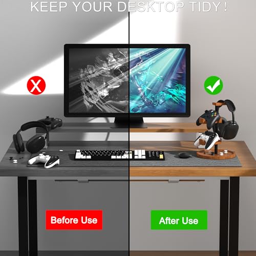 Headset Stand with Gaming Controller Holder,Dual Controller Organizer Rack, Solid Wood Headphone Stand with Storage Base, Gaming Equipment Accessories for Desk