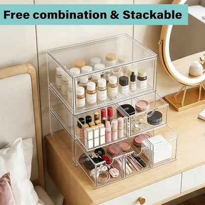 Prsildan Stackable Clear Makeup Organizer Acrylic Storage Drawers with 2 Drawers for Vanity Bathroom Office Desk Modular Drawer System for Cosmetics Jewelry Toiletries Home Organization - style: Style2-2Drawers