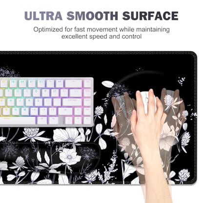 Gaming Mouse Pad, Large Desk Mat, Cute Desk Pad Protector, 4in1 XXL Mousepad + Keyboard Wrist Rest+Mouse Wrist Rest+Coaster Set with Ergonomic Desk Pad for Home Office PC Computer, Black White Flowers - color: Black White Flowers