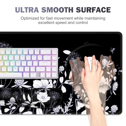 Gaming Mouse Pad, Large Desk Mat, Cute Desk Pad Protector, 4in1 XXL Mousepad + Keyboard Wrist Rest+Mouse Wrist Rest+Coaster Set with Ergonomic Desk Pad for Home Office PC Computer, Black White Flowers - color: Black White Flowers