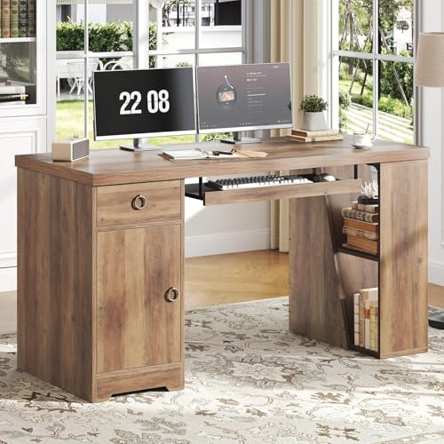 HSH 55" Executive Computer Desk,Farmhouse Home Office Desk with Storage Drawers and Keyboard Tray, Rustic Wood Work Study Writing Pc Table Studio Desks Wooden Workstation with Shelves and Cabinet - color: Rustic Oak