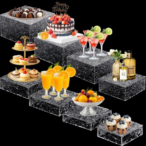 Geelin 8 Pack Acrylic Buffet Risers - 3 to 10 Inch Decorative Cube Boxes, Display Stands with Hollow Bottoms for Food Jewelry Table Display Supplies(Clear,Wave) - color: Clear, style: Wave
