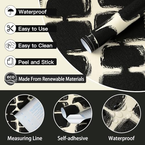 Safiyya Peel and Stick Wallpaper Black and Cream White Contact Paper Mid Century Modern Abstract Geometric Wall Paper Self Adhesive Removable Wallpaper for Bathroom and Bedroom Vinyl 17.3"x78.7" - color: Black and Cream White, size: 17.3" x 78.7"