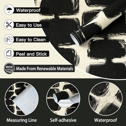Safiyya 17.3"x197" Peel and Stick Wallpaper Black and Cream White Contact Paper Mid Century Modern Abstract Geometric Wall Paper Self Adhesive Removable Wallpaper for Bathroom and Bedroom Vinyl - color: Black and Cream White, size: 17.3" x 197"