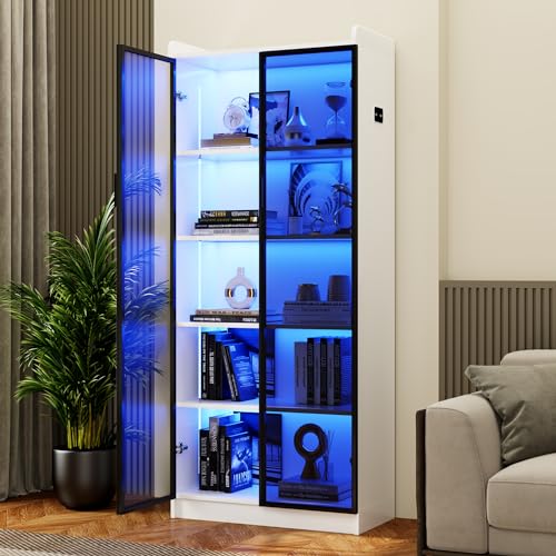 Dystler 65" Tall 5-Tier Display Cabinet with Doors and Adjustable Shelves | Curio Case Bookcase for Collectibles & Models, Motion Sensor LED Lights for Bedroom Living Room Office, White - color: White