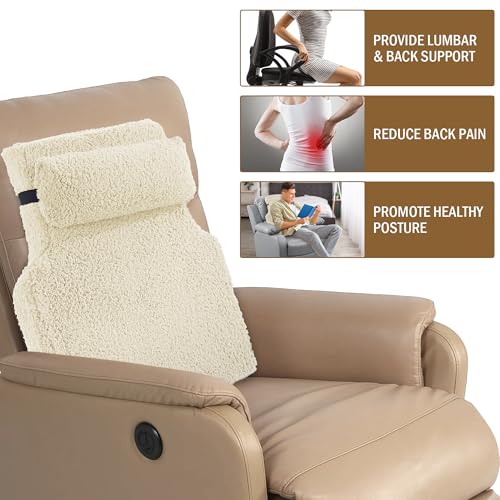 HOMBYS Sherpa Fleece Lumbar Support Pillow with Headrest, Foam Recliner Chair Cushion for Back Pain, Big High Back Support with Chair Headrest for Elderly (Beige) - color: Beige