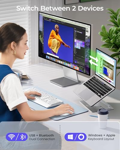 seenda COE200 Wireless Bluetooth Keyboard and Mouse Combo with Wrist Rest | USB & Bluetooth for Multi-Device Switching, Silent, Full-Size Ergonomic Combo for Windows PC Laptop Mac MacBook, White - color: White