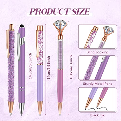 Sabary 8 Pcs Violet Pens with Pen Holder for Desk Glitter Crystal Diamond Cute Ballpoint Fancy Pencil Holder Bling Desk Organizer for Women Girls School Office Supplies Wedding Graduation Gifts - color: Violet