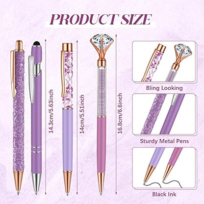 Sabary 8 Pcs Violet Pens with Pen Holder for Desk Glitter Crystal Diamond Cute Ballpoint Fancy Pencil Holder Bling Desk Organizer for Women Girls School Office Supplies Wedding Graduation Gifts - color: Violet