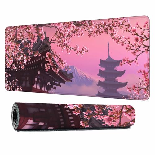 Cherry Blossoms Tree Mouse Pad Japanese Mount Fuji Spring Landscape Keyboard Mat Large Gaming Mousepad for Desk,Office,Bed 35.4"X15.7" - color: Cherry Blossoms tree