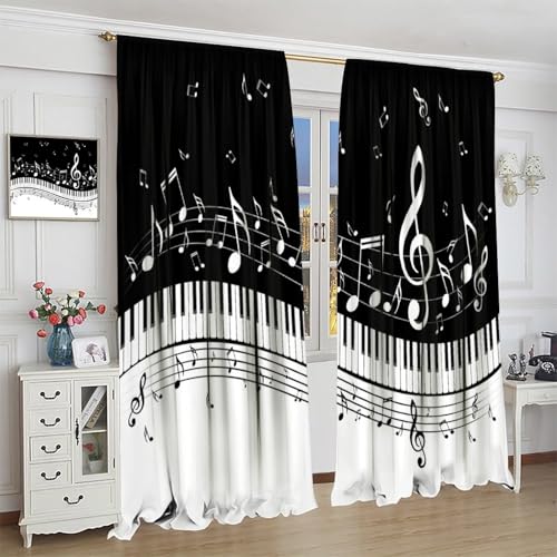 Music Notes Curtain, Black White Musical Notes Piano Key Musical Instruments Modern Romantic Art Window Drapes for Bedroom Living Room 42" W X 45" L(No Blackout) - color: Musical-7, size: 20.5"W x 45"L (Pack of 2)