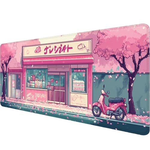 Japanese Anime Mouse Pad Pink Cherry Tokyo Street Aesthetic Large Gaming Mouse Mat with Stitched Edges,Non-Slip Waterproof Rubber Base Mous Mat Office Computer Keyboard Laptop Home 31.5x11.8 Inch - color: Japanese Anime, size: 31.5" x 11.8"