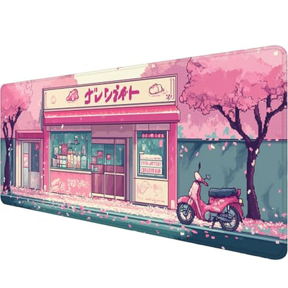 Japanese Anime Mouse Pad Pink Cherry Tokyo Street Aesthetic Large Gaming Mouse Mat with Stitched Edges,Non-Slip Waterproof Rubber Base Mous Mat Office Computer Keyboard Laptop Home 31.5x11.8 Inch - color: Japanese Anime, size: 31.5" x 11.8"