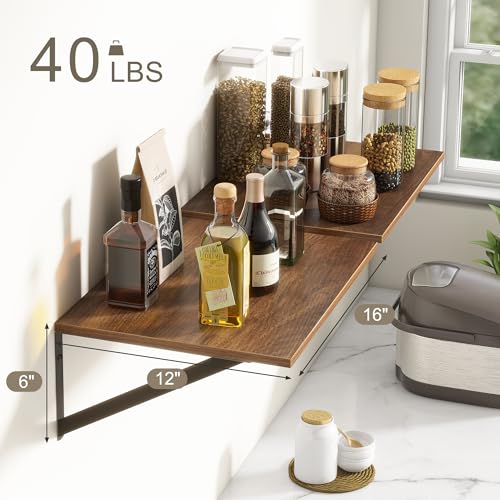 Walnut Floating Shelves Set of 2 - 16"W x 12"D Wide Display Ledges for Bedroom, Bathroom - 12 Deep Bookshelf Wall Mounted - color: Walnut, size: 16"W x 12"D