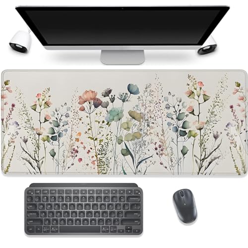 Watercolor Plant Flowers Desk Pad Mouse Pad,Floral Prints Extended Large Gaming Mouse Mat with Stitched Edges,Non-Slip Waterproof Rubber Base Mousepad for Office Work Home(27.5X11.8 in) - color: Watercolor Plant Flowers