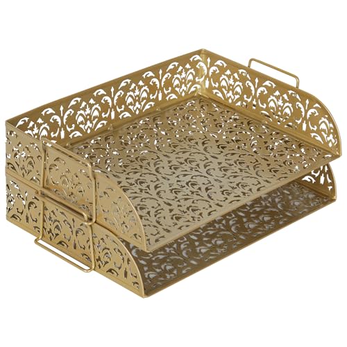 EasyPAG Paper Organizer for Desk 2 Tier Stackable Paper Tray for A4 Legal Size Folders Metal File Storage Desktop Organizer for Home Office School Teacher, Gold - color: Gold