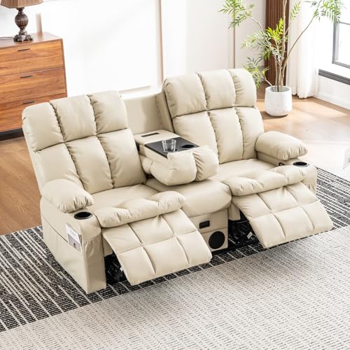 Loveseat Recliner Sofa with Massage & Heat, Flip Backrest, Reclining Loveseat with Console, Bluetooth Speaker, USB/Outlet/Storage/Cup Holder/Side Pocket, RV Sofa, Home Theater Seating, Beige - color: Beige, size: Loveseat with Console