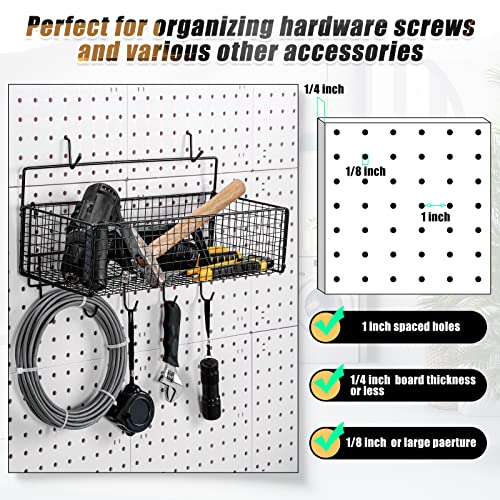 Shimeyao 2 Pcs Pegboard Accessories Set Including 2 Pegboard Baskets Bins with 5 Hooks 4 extra Hooks Black Metal Wire Basket Wall Mount Organizer for Workbench Garage Storage Attachments