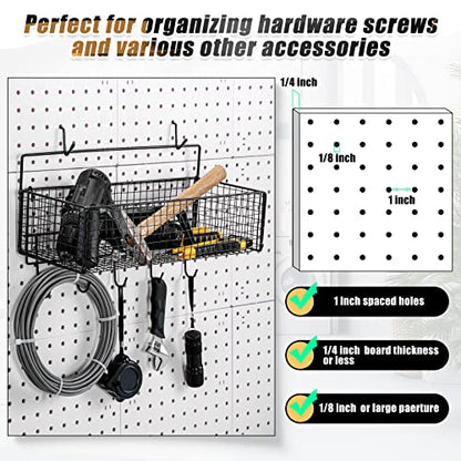 Shimeyao 2 Pcs Pegboard Accessories Set Including 2 Pegboard Baskets Bins with 5 Hooks 4 extra Hooks Black Metal Wire Basket Wall Mount Organizer for Workbench Garage Storage Attachments
