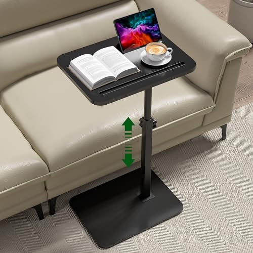 Black Side Tray Table for Couch - 360° Swivel Adjustable Height Rotating Sofa Table C Table End Table Laptop Desk with Phone & Tablet Slot, Perfect for Eating Working Reading, Fits Small Spaces - color: Black