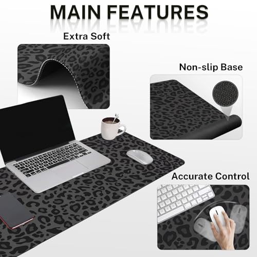 Arttown Leopard Desk Mat Black Grey Leopard Mouse Pad Set 4 in 1 Ergonomic Design Large Mouse Pad + Keyboard Wrist Rest + Mouse Wrist Rest + Coaster Suitable for Home Office Study Game - color: Black Grey Leopard