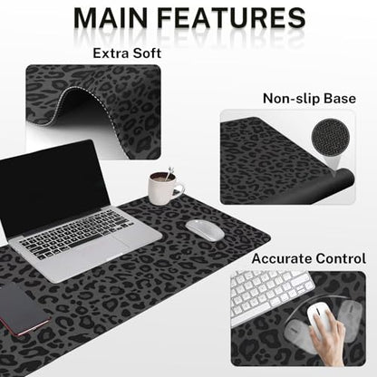 Arttown Leopard Desk Mat Black Grey Leopard Mouse Pad Set 4 in 1 Ergonomic Design Large Mouse Pad + Keyboard Wrist Rest + Mouse Wrist Rest + Coaster Suitable for Home Office Study Game - color: Black Grey Leopard