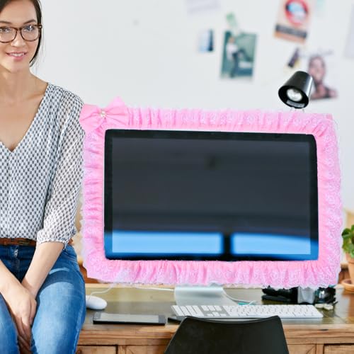 23''-27'' Pink Monitor Cover Lace, Cute Computer Monitor Decor with Bow, Adjustable Monitors Frame, Monitors Cover Cute for Women