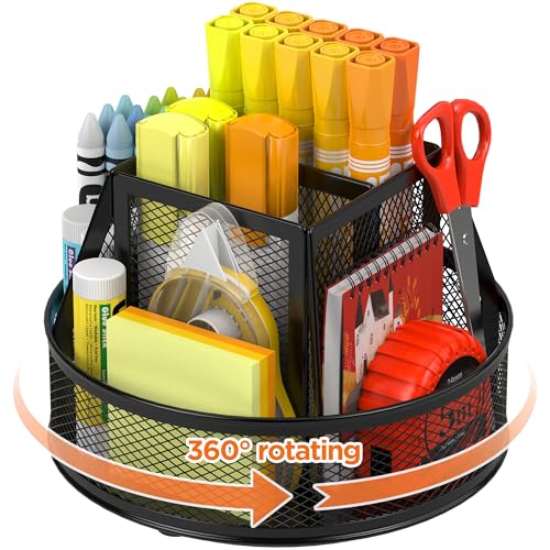 Docnest 360° Rotating Pen Holder,Heavy-Duty Metal Mesh Desk Organizer with 6 Compartments for Pencils,Scissors & Markers –Space Saving Office Supply for Teachers, Students & Home Desk-Black - color: Black