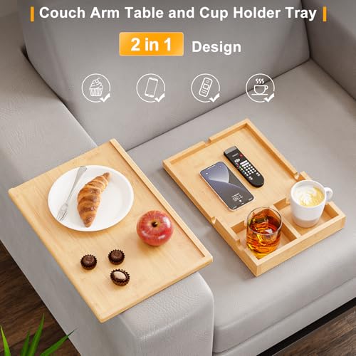 Bestjing Bamboo Couch Cup Holder Tray - 2 in 1 Couch Armrest Table with Be Slide-Away Detachable Double Holder - Sofa Armchair Caddy for Drinking Snacks iPad TV Remote - color: Bamboo, size: 13.8" x 9.5" x 2.4"