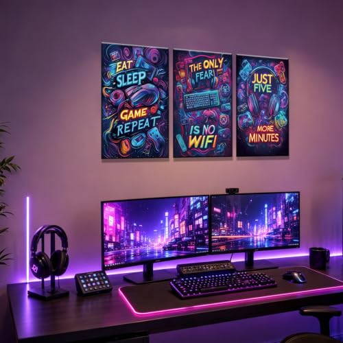 Yolbcdr Game Room Decor Video Game Wall Art Neon Gaming Posters Prints Set of 3 Gaming Sign Canvas Painting Playroom Cool Pictures Gamer Wall Decor for Boy Teen Men Bedroom Bathroom 16x24in Framed - color: Colorful, size: 16"x24" Canvas
