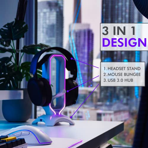 Tilted Nation Gaming Headphone Stand | RGB Headset Stand White | Headset Holder for Desk with Mouse Bungee and USB Hub | The Ultimate Gaming Accessories for Gamers for PS5, Xbox, PC - White - color: White