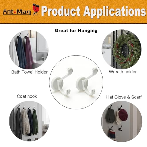 Ant Mag Magnetic Hooks Heavy Duty 140lbs Neodymium Magnet Wall Hooks for Hanging Coats Robes Backpacks Bags Hats Keys Mugs Cups Towels - size: D1.65in White 2 Pack