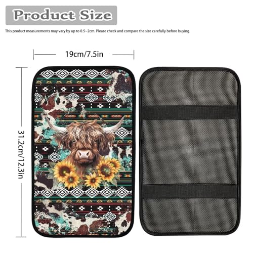 Wanyint Aztec Highland Cow Sunflower Auto Center Console Armrest Pad Theme Seat Box Cover Universal Fit Car Armrest Cover Cushion Mat for Sedan, Van, SUV - color: Aztec Highland Cow Sunflower