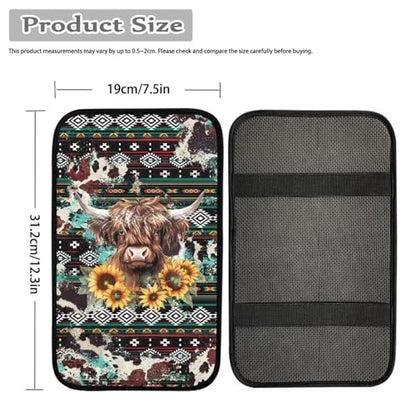 Wanyint Aztec Highland Cow Sunflower Auto Center Console Armrest Pad Theme Seat Box Cover Universal Fit Car Armrest Cover Cushion Mat for Sedan, Van, SUV - color: Aztec Highland Cow Sunflower