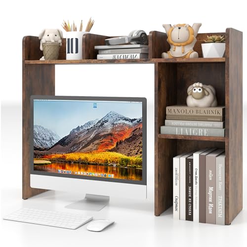 Giantex Desktop Bookshelf, Wood Desk Hutch Organizer for 27 Inch Computer Monitor, Countertop Storage Display Rack with 5 Shelves, Multipurpose Desktop Shelf Bookcase for Dorm Office Home, Brown - color: Rustic Brown, size: 5 Shelves (29"H)