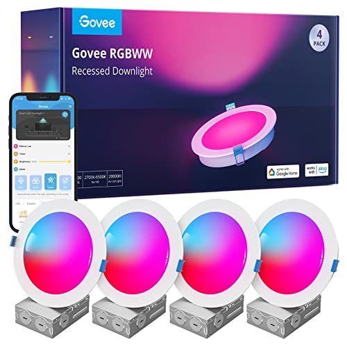 Govee Smart Recessed Lighting 6 Inch, Wi-Fi Bluetooth Direct Connect RGBWW LED Downlight, 65 Scene Mode, Canless Recessed Light Work with Alexa & Google Assistant with Junction Box, 1100 Lumen, 4 Pack - size: 6 Inch