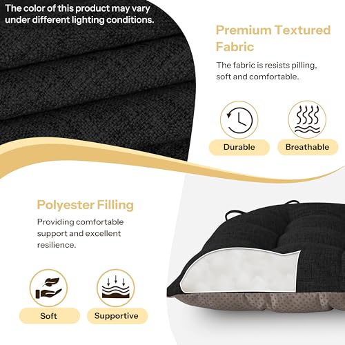 Chair Cushions for Dining Chairs Set of 4 Durable D-Shaped Seat Cushions with Non-Slip Backing Secure Ties Thick Cozy Seat Pad for Kitchen Dining Room Office(18x16.5x3in Black) - color: Black