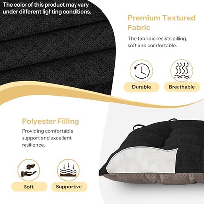 Chair Cushions for Dining Chairs Set of 4 Durable D-Shaped Seat Cushions with Non-Slip Backing Secure Ties Thick Cozy Seat Pad for Kitchen Dining Room Office(18x16.5x3in Black) - color: Black