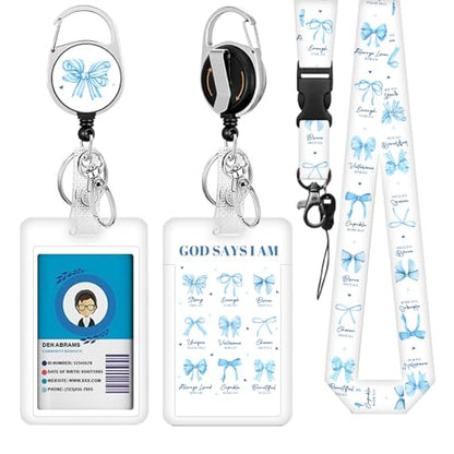 Christian Lanyards ID Badge Women Gifts Bow, God Says I Am ID Badge Holder with Retractable Reel Clip and Keychain, Vertical Identity Badge Cover Case Protector for Teacher Nurse Blue Bow - color: Bow-blue