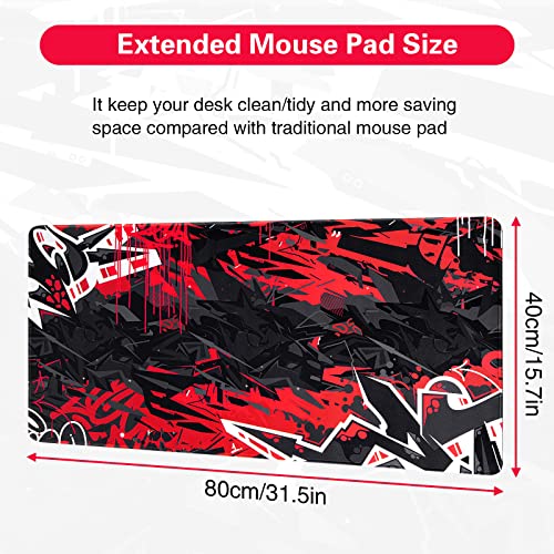 Canjoy Gaming Mouse Pad 31.5x15.8inch Extended XXL Large Mouse Pad Big Computer Keyboard Mouse Mat Desk Pad with Non-Slip & Rubber Base & Stitched Edge - color: Black Red