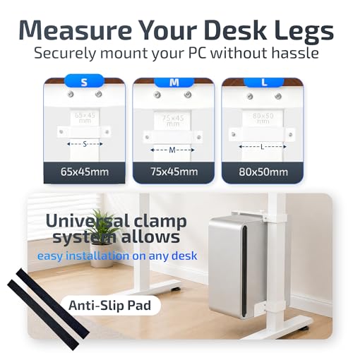 DEHAGLOBAL Clamp Mount Under Desk Pc Mount, Adjustable Height and Width No Drilling 50 lb Capacity with Non-Slip Pads & Cable Organizer for Standing Desk (White, 75mmx45mm)