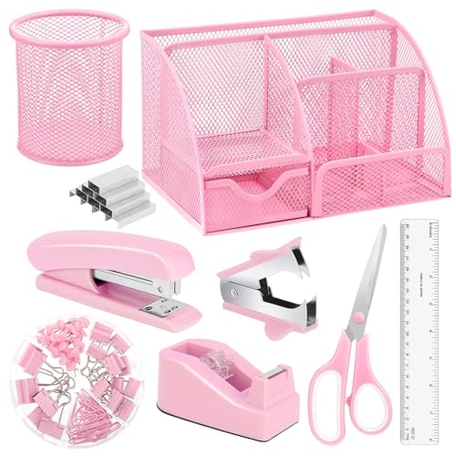 auroray Pink Desk Organizers and Accessories, Pink Office Supplies Include Mesh Desk Organizer, Tape Dispenser, Stapler, 1000 Staples, Staple Remover, Pen Holder, Clips Set, Ruler, Scissors - color: Pink