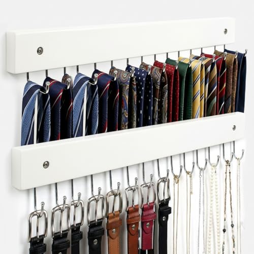 Wall Mounted Tie & Belt Rack Organizer - 2 Pack, 28 Hooks Hold 40 Ties & 40 Belts, 180° Rotating Space Saving Design, Sturdy Wood Decorative Wall Storage (White) - color: White