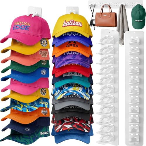 2 Pack Hat Organizer for Baseball Caps, Detachable DIY Hat Rack for Wall Hat Holder Hold up to 22 Hats, Baseball Cap Organizer Cap Holder Hat Hangers for Wall Closet Door Bedroom (C-White) - color: C-White