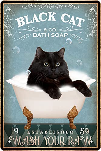 Tin Signs Cat Black Cat Sink Co - Wash Your Paw Metal Poster Wall Decor Hanging Funny Bathroom Signs for Home 8 x 12 in - color: Cat