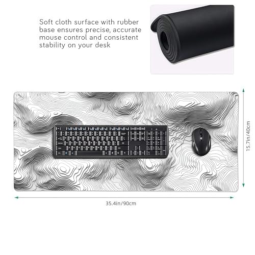 Topographic Mouse Pad, Black and White Desk Mat, XXL Extended Mouse Pad, 3D Contour Map Design, Waterproof Desk Pad with Non-Slip Rubber Base for Office and Gaming, 35.4 x 15.7 Inch - color: 3D Topographic Map