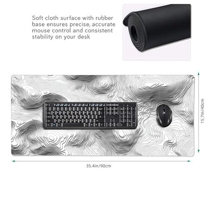 Topographic Mouse Pad, Black and White Desk Mat, XXL Extended Mouse Pad, 3D Contour Map Design, Waterproof Desk Pad with Non-Slip Rubber Base for Office and Gaming, 35.4 x 15.7 Inch - color: 3D Topographic Map
