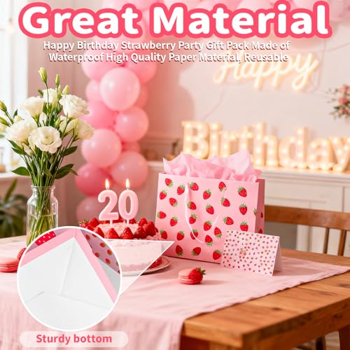 LERCTH Pink Strawberry Themed Gift Bag Set (12.99"x10.24"x4.92") – Tissue Paper, Greeting Card Included | Reusable Tote for Parties, Birthdays & Gifting (Girls, Women, Bridal) - color: Pink Strawberry Gift bag, size: 1 count (Pack of 1)