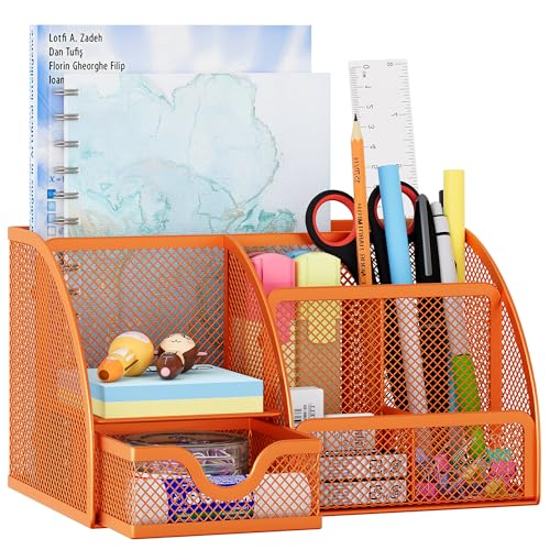 EasyPAG Mesh Desk Organizer with Drawer Multi-functional Pen Holder Stationery Organizer for Office School Supplies 6 Compartments Dorm Organizers and Storage for Desk, Orange - color: Orange