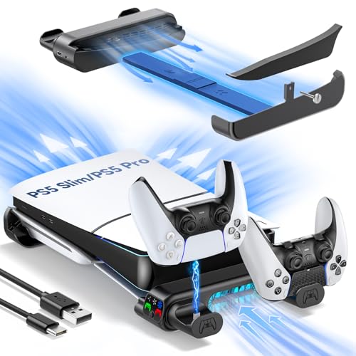 PS5 Slim/Pro Horizontal Stand, PS5 Cooling Station with Dual Controller Charger for Disc & Digital Versions, 3-Level Cooling Fan - Black (NOT Fit 2020 PS 5 Regular Version), for Playstation Console - color: Whole Black, size: S